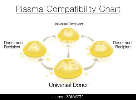 Tableau de compatibilité du plasma avec le donneur universel AB et le receveur universel 0 - concernant le don de sang et de plasma et la transfusion. Banque D'Images