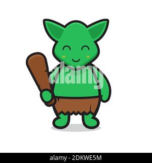 adorable personnage de mascotte de goblin vert tenant une cudgel. design isolé sur fond blanc. Banque D'Images