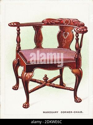 Antique cigarettes cards, Wills's Cigarettes cards (sereis Old Furniture). Mahogany corner chair, 18th century. 1924 Stock Photo