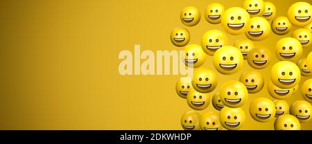 rendu 3d d'un grand groupe de smileys emoji à large sourire. Espace de copie - taille de la bannière Web. Banque D'Images