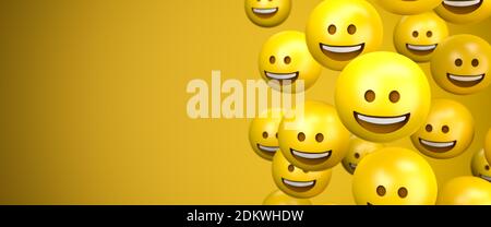 rendu 3d d'un grand groupe de smileys emoji à large sourire. Espace de copie - taille de la bannière Web. Banque D'Images