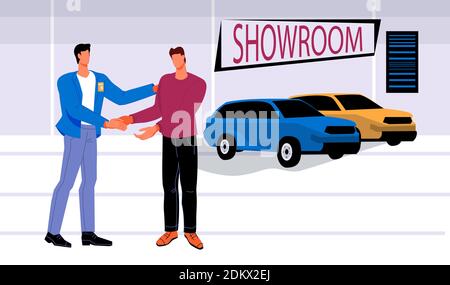 Acheteur et concessionnaire automobile dans un concessionnaire automobile, illustration vectorielle plate. Nouvelle scène d'achat de voiture avec personnages de personnages de dessin animé. Vente et location d'automobiles b Illustration de Vecteur