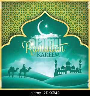 Arrière-plan de Ramadan kareem. Illustration vectorielle avec mosquée arabe dans le désert et lune en vert. Carte de voeux pour le ramadan de fête Illustration de Vecteur