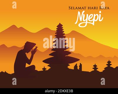 Selamat hari raya Nyepi. Traduction: Happy Day of Silence Nyepi. Convient aux cartes de vœux, affiches et bannières. Illustration de Vecteur