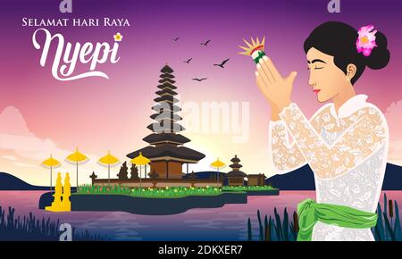 Selamat hari raya Nyepi. Traduction: Happy Day of Silence Nyepi. Convient aux cartes de vœux, affiches et bannières. Illustration de Vecteur