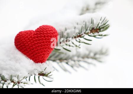 Coeur de Noël tricoté rouge, symbole de l'amour dans la neige sur les branches de sapin. Arrière-plan de la carte romantique, fête du Nouvel An, la Saint Valentin ou d'hiver Banque D'Images