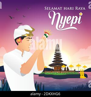 Selamat hari raya Nyepi. Traduction: Happy Day of Silence Nyepi. Convient aux cartes de vœux, affiches et bannières. Illustration de Vecteur