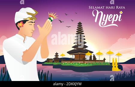 Selamat hari raya Nyepi. Traduction: Happy Day of Silence Nyepi. Convient aux cartes de vœux, affiches et bannières. Illustration de Vecteur