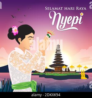 Selamat hari raya Nyepi. Traduction: Happy Day of Silence Nyepi. Convient aux cartes de vœux, affiches et bannières. Illustration de Vecteur