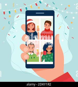 Fête de noël en ligne. Réunion de groupe par vidéoconférence à Noël. Illustration de Vecteur