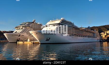 cruise ships: the grandiosa and the magnifica in port at the maritime station December 13 2020 Genoa Italy Stock Photo