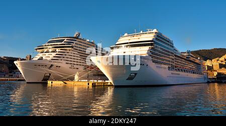 cruise ships: the grandiosa and the magnifica in port at the maritime station December 13 2020 Genoa Italy Stock Photo