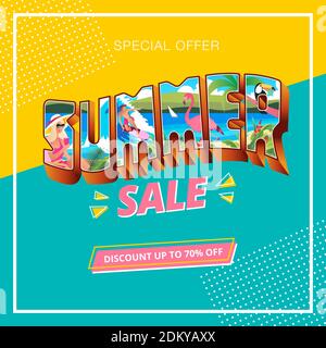 Bannière de soldes d'été avec style carte postale vintage de vacances d'été. Convient pour bannière, prospectus, invitation, affiche, site Web ou carte de vœux Illustration de Vecteur