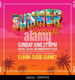 Bannière festival d'été avec style carte postale tropical vintage lettering et fond de plage. Convient pour bannière, prospectus, invitation, poster, site Web o Illustration de Vecteur