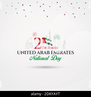Logo de la Journée nationale des Émirats arabes Unis avec drapeau national des Émirats arabes Unis et confetti. Illustration vectorielle pour carte de vœux, bannière, prospectus et affiche de la Journée nationale des Émirats arabes Unis Illustration de Vecteur