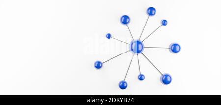 Réseau, sphères bleues connectées, globes, boules ou orbes, connexion, papier peint conceptuel de travail d'équipe, fond blanc, illustration de rendu cgi 3d Banque D'Images