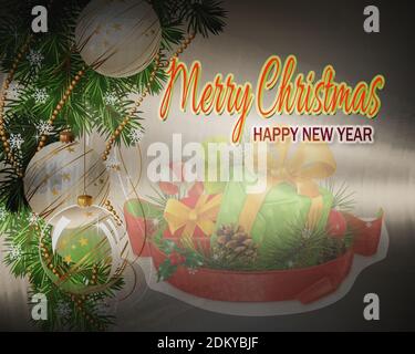 Joyeux Noël, bonne année, décoration, cadeaux de Noël et de nouvel an, image floue, illustration Banque D'Images