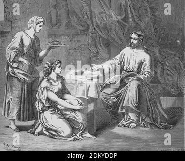 Old Testament. Jesus at the home of Martha and Mary. Luke Gospel.  Engraving, 19th century. Stock Photo