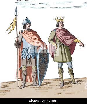 Angleterre. Période Anglo-Saxons. 5e-11e. Société. Princesse et soldat. Gravure, 19e siècle. Banque D'Images