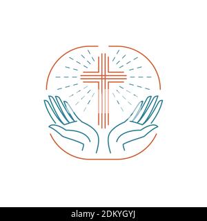 Église du logo Vector. Croix chrétienne catholique brillante avec les mains Illustration de Vecteur