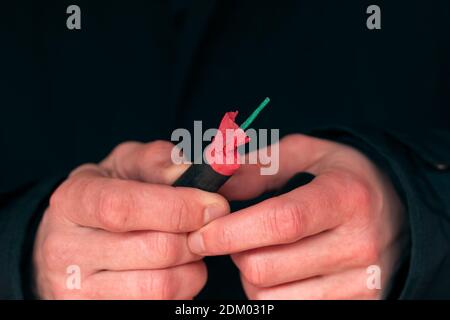 The Firecracker in a Hand. Man Holding a Black Petard in His Hand. A Human with a Pyrotechnics Outdoors Stock Photo