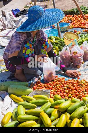 Titulaire de la stalle de marché vendant des fruits et légumes au marché de cinq jours de Nam Pan, au lac Inle, dans l'État de Shan, au Myanmar (Birmanie), en Asie, en février Banque D'Images