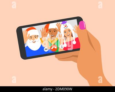 Noël et le nouvel an avec les appels vidéo de vos amis. Les jeunes en costumes se félicitent mutuellement en utilisant l'application de vidéoconférence en ligne Illustration de Vecteur