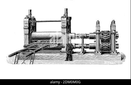 Machines industrielles : deux laminoirs à rouleaux utilisés pour écraser des matériaux entre deux rouleaux avant de traiter le produit final jusqu'à sa destination finale, gravure du XIXe siècle Banque D'Images
