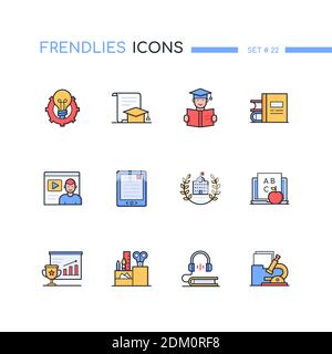Formation en ligne - jeu d'icônes de style de design de ligne moderne. Apprentissage en ligne, processus créatif et idée de connaissance. Images colorées de degré, séminaire en ligne, e-books, u Illustration de Vecteur