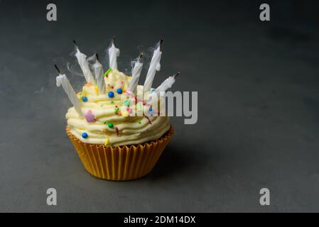 Gâteau d'anniversaire avec de nombreuses bougies soufflées. Glaçage à la crème au beurre, Sprinkles aux confettis de sucre Banque D'Images