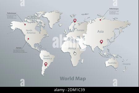 Carte des continents du monde, avec noms continent, carte bleue blanc papier vecteur 3D Illustration de Vecteur