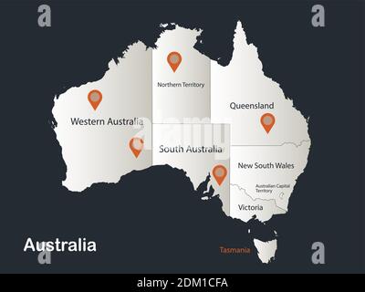 Carte de l'Australie, Infographics Flat design couleurs blanc neige, avec les noms de régions individuelles vecteur Illustration de Vecteur