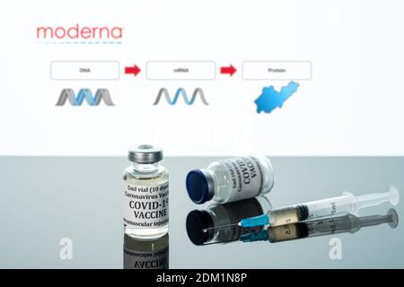 Morgantown, WV - 16 décembre 2020 : petite bouteille de vaccin contre le coronavirus avec seringue portant le logo Moderna Banque D'Images