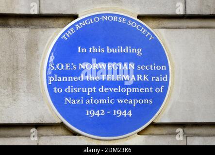 Londres, Royaume-Uni. Plaque commémorative. Chiltern court, Baker Street: 'Dans ce bâtiment, la section norvégienne de S.O.E. a planifié le raid de Telemark pour perturber deve Banque D'Images