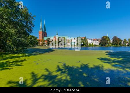 Lac Mühlenteich et cathédrale, ville hanséatique de Lübeck, Schleswig-Holstein, Allemagne du Nord, Europe Banque D'Images