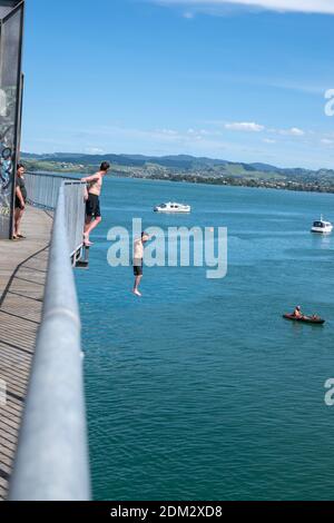 Tauranga Nouvelle-Zélande - décembre 6 2020 ; saut depuis le pont historique en acier Tauranga Railway dans le port ci-dessous. Banque D'Images