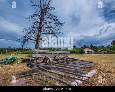 Vieux matériel agricole, site historique national de Swett Ranch, terrain de loisirs national de Flaming gorge près de Dutch John, Utah. Banque D'Images