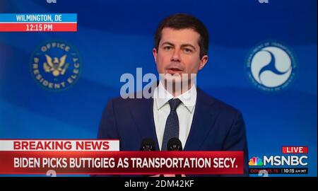 16 décembre 2020, Wilmington, Delaware, États-Unis - le président élu Joe Biden a choisi l'ancien maire de South Bend, Indiana PETE BUTTIGIEG comme candidat au poste de secrétaire aux Transports. Crédit : MSNBC/ZUMA Wire/Alay Live News Banque D'Images