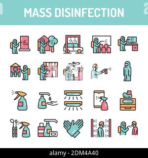 Jeu d'icônes de ligne de couleur de désinfection de masse. Elément vectoriel isolé. Illustration de Vecteur