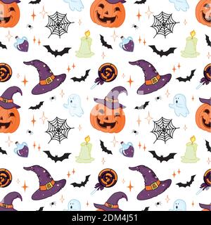 Motif Halloween avec citrouilles et chauves-souris orange sur blanc Illustration de Vecteur