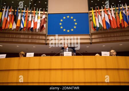 Reportage au Parlement européen a Bruxelles auprès des deputes europeens. Cours de David Maria SASSOLI, président du Parlement européen. Signaler à Banque D'Images