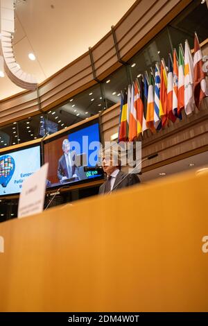 Reportage au Parlement européen a Bruxelles auprès des deputes europeens. Cours de David Maria SASSOLI, président du Parlement européen. Signaler à Banque D'Images