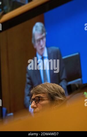 Reportage au Parlement européen a Bruxelles auprès des deputes europeens. Cours de David Maria SASSOLI, président du Parlement européen. Signaler à Banque D'Images