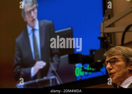 Reportage au Parlement européen a Bruxelles auprès des deputes europeens. Cours de David Maria SASSOLI, président du Parlement européen. Signaler à Banque D'Images