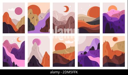 Paysages abstraits. Montagnes et rivière scènes minimalistes, paysage esthétique contemporain. Jeu d'illustrations vectorielles de vue de montagne dessinées à la main Illustration de Vecteur