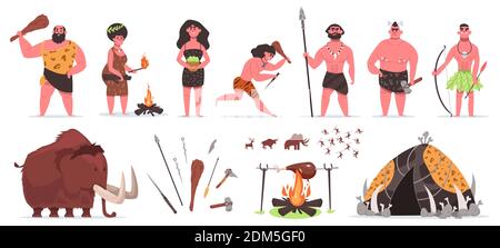 Les gens primitifs. Personnages de cavets préhistoriques de l'âge de pierre avec pierre ou arme en bois. Jeu d'illustrations vectorielles de chasse et de collecte de Caveman Illustration de Vecteur