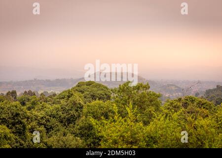 Volcans de Virunga et Parc national de Gorilla de Mgahinga de Kisoro en début de matinée coloré avec brume dans la vallée. District de Kisoro, Ouganda, Afrique. Banque D'Images