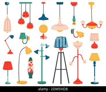 Lumière domestique. Lampes intérieures, plafonniers, suspension, liseuses, projecteurs et lampadaires. Jeu d'illustrations vectorielles d'éclairage intérieur Illustration de Vecteur