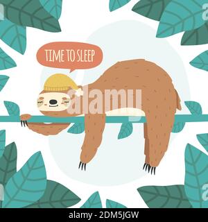 Adorable paresseux. Paresseux paresseux accroché à l'arbre, drôle de forêt tropicale illustration de vecteur animal. Adorable adorable, dessiné à la main, pendre la sloth Illustration de Vecteur