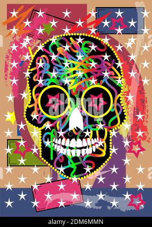 Crâne mexicain avec couleurs et étoiles, fond vectoriel pop art. Banque D'Images